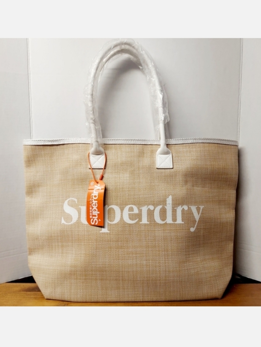 NEW Superdry Darcy Jute Tote Natural Color Large Bag (tan, white, and navy blue)